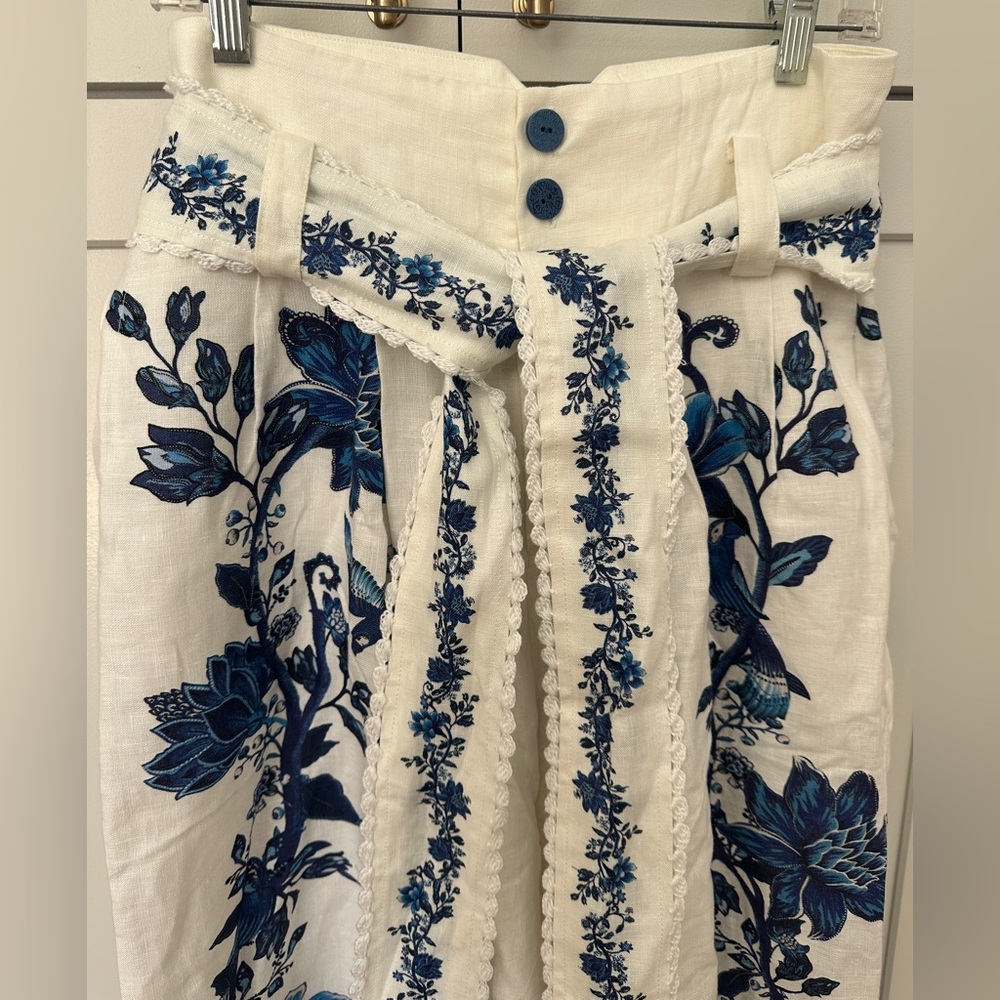 FARM Rio NWT Arara White and Blue Wide Leg Linen Pants